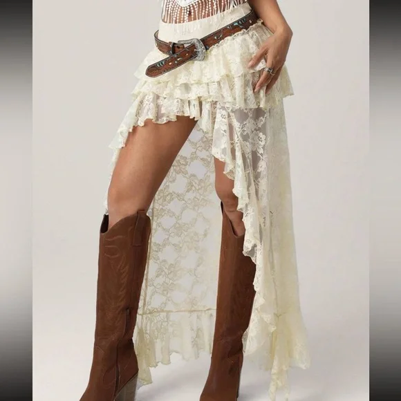 Stagecoach Coachella Cream Lace Tiered Hi-Low Maxi Skirt - Picture 2 of 5